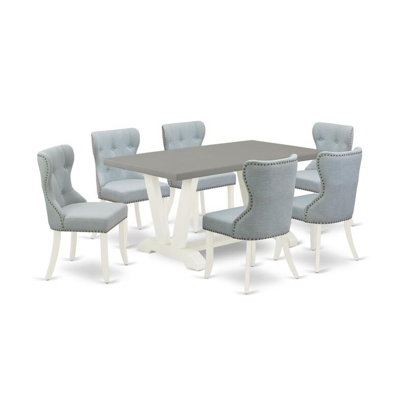 East West Furniture V096SI215-7 7-Pc Dining Room Set- 6 Mid Century Dining Chairs with Baby Blue Linen Fabric Seat and Button Tufted Chair Back - Rectangular Table Top & Wooden Legs - Cement and Linen