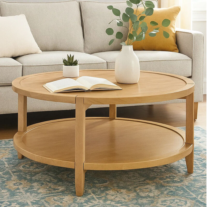 Camilia Coffee Table, 1 Shelf, Round Maple Brown Solid Wood, 36 Inch