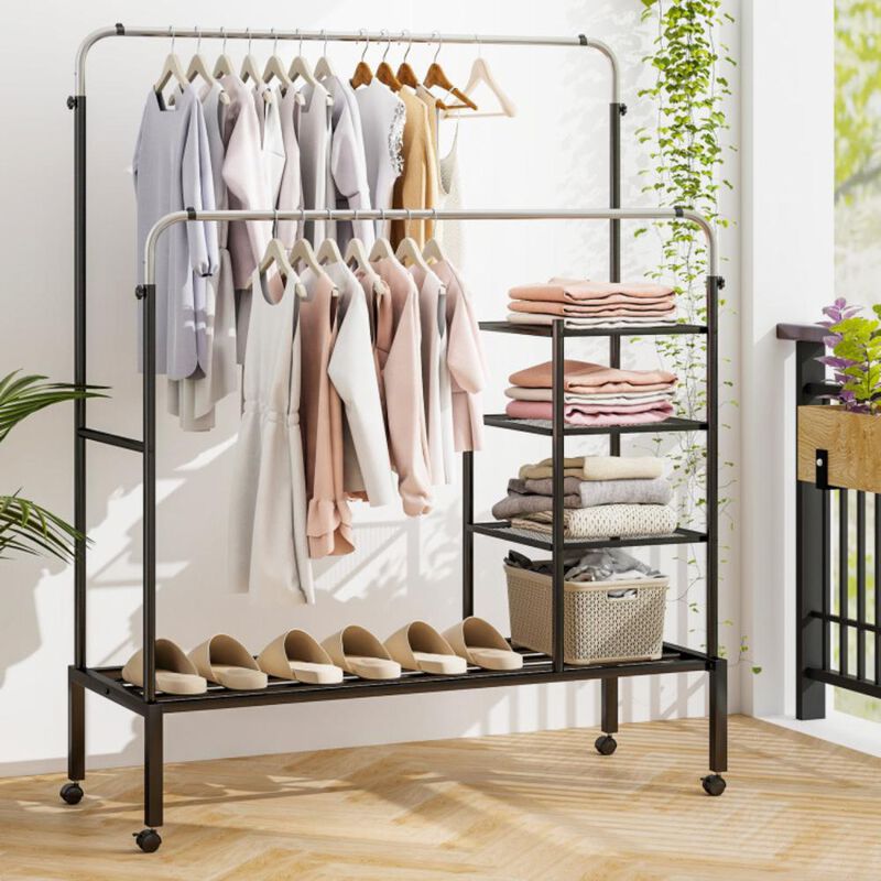 Hivvago Rolling Double Rods Garment Rack with Height Adjustable Hanging Bars