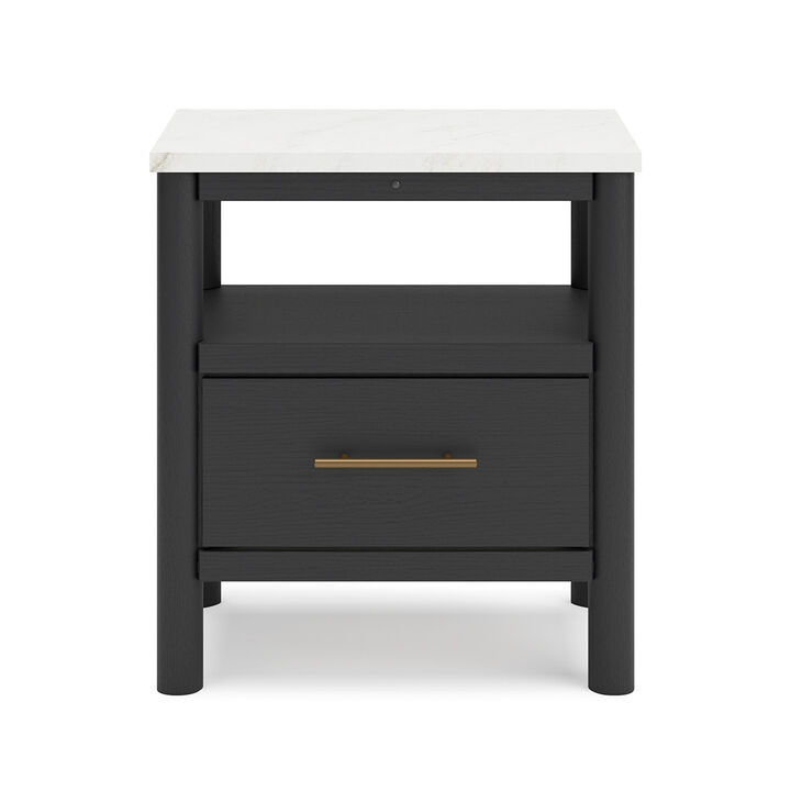 Mooran Nightstand, 1 Drawer w USB, White Marble Finish Top, Black