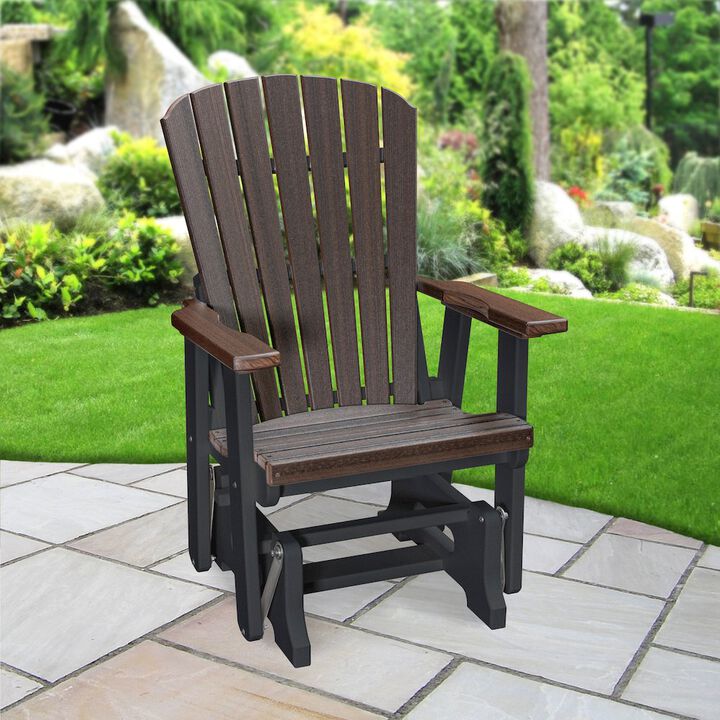 American Furniture Classics Fan Back Glider in Brazilian Walnut Woodgrain with a Black Base, Made in the USA