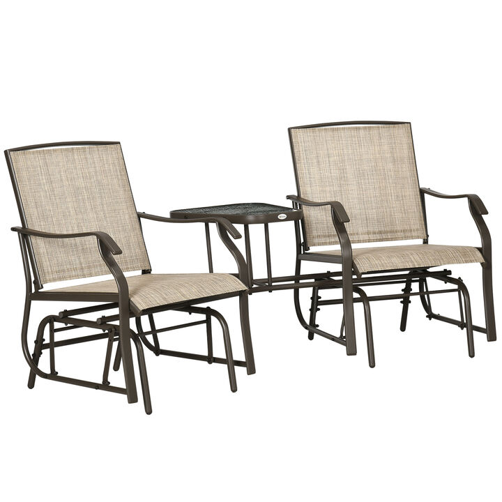 Outsunny Outdoor Glider Chairs with Coffee Table, Patio 2-Seat Rocking Chair Swing Loveseat with Breathable Sling for Backyard, Garden, and Porch, Light Brown