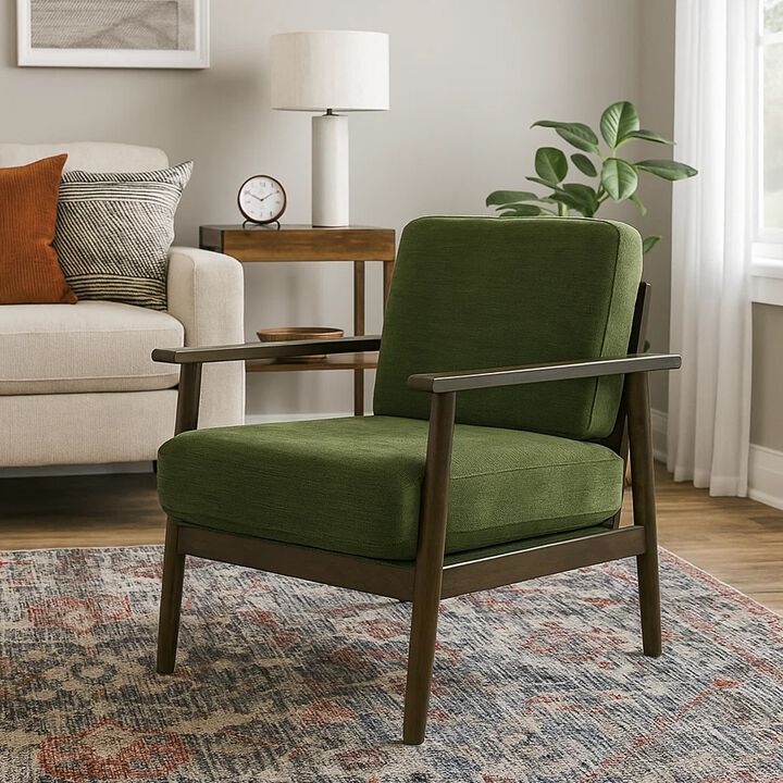 Bixy Accent Chair, 31 Inch, Brown Wood Armrests, Dark Green Polyester