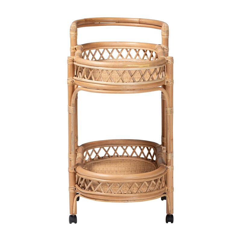 bali & pari Raul Natural Rattan Kitchen Cart - 2-Tier Handwoven Wicker Storage Trolley with Handle for Kitchen or Lounge image number 2