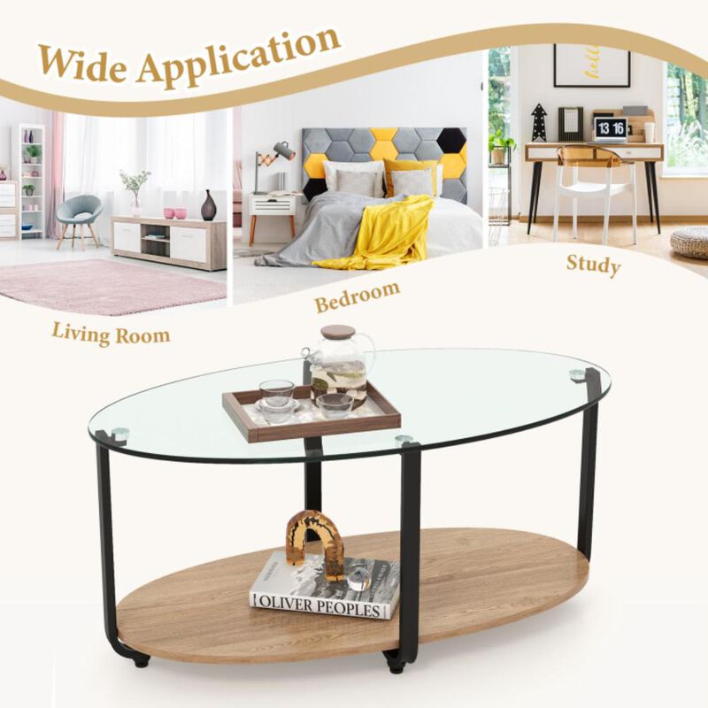 Hivvago 2-Tier Glass-Top Oval Coffee Table with Wooden Shelf for Living Room