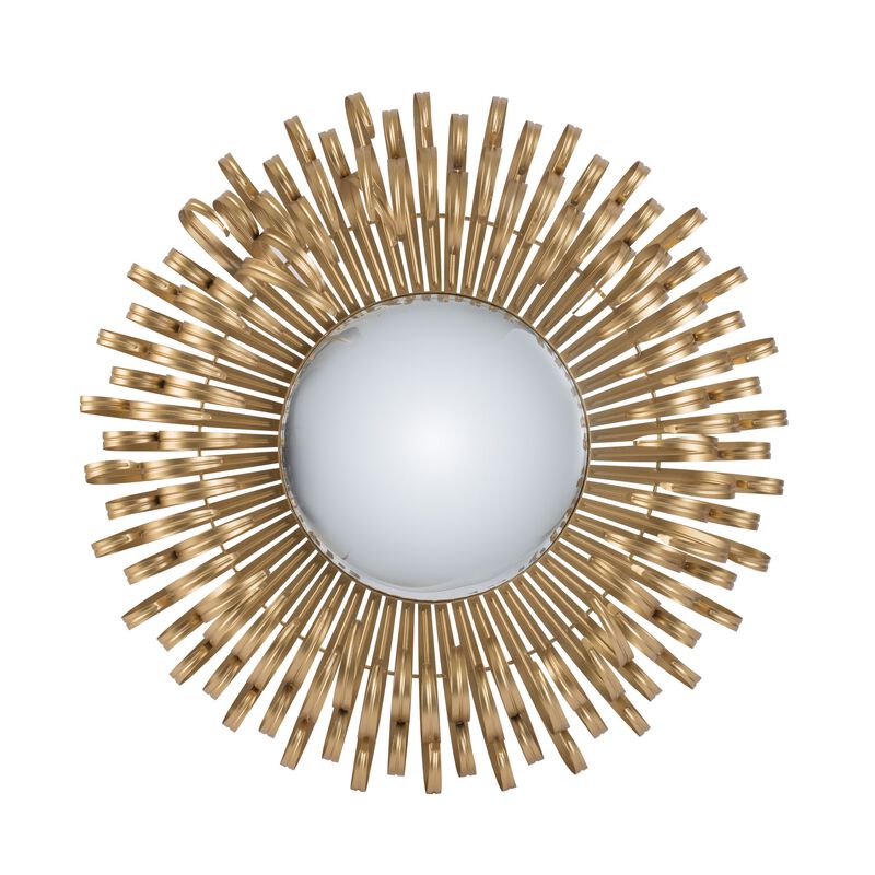 27 Inch Round Wall Mount Accent Decor Mirror, Sunburst, Iron Frame, Gold - Benzara