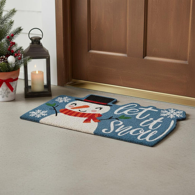 HomeRoots 18" X 30" Blue and White Coir Snowman Outdoor Winter Door Mat image number 1