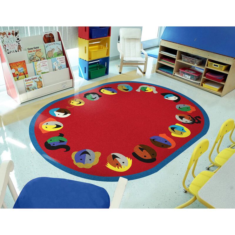 Joy Carpets Kid Essentials Joyful Faces 10'9 x 13'2 Oval Area Rug in Color Red