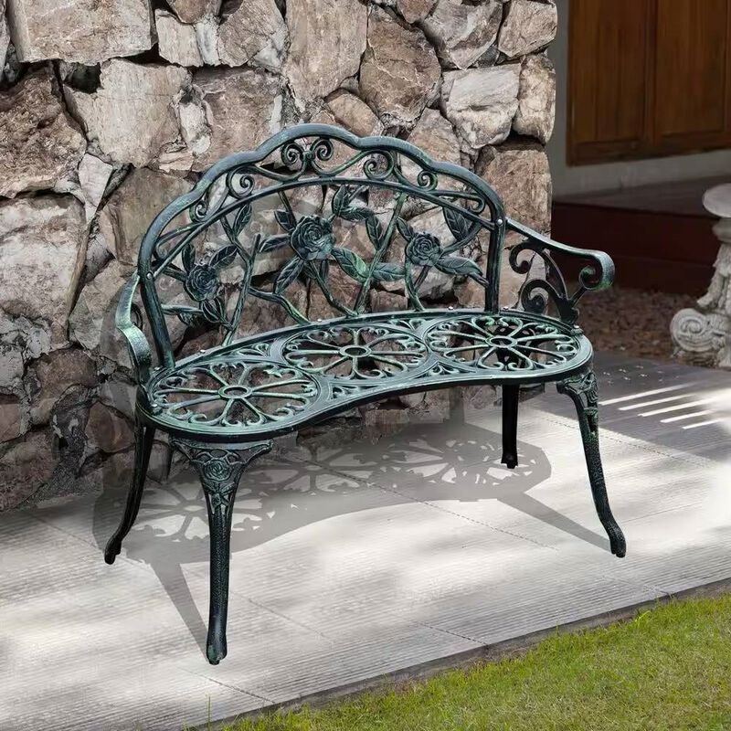 Outdoor Patio Garden Bench with Backrest in Metal Finish for Yard or Porch