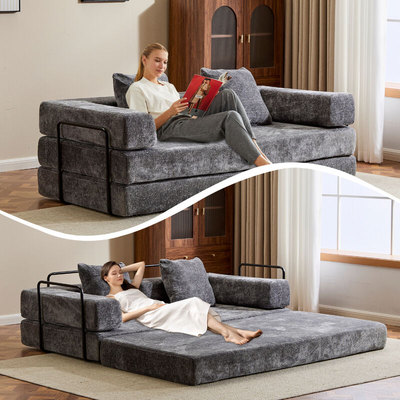 Chenille Floor Sofa Bed &ndash; Comfy Futon Couch with Pillow and Back Support