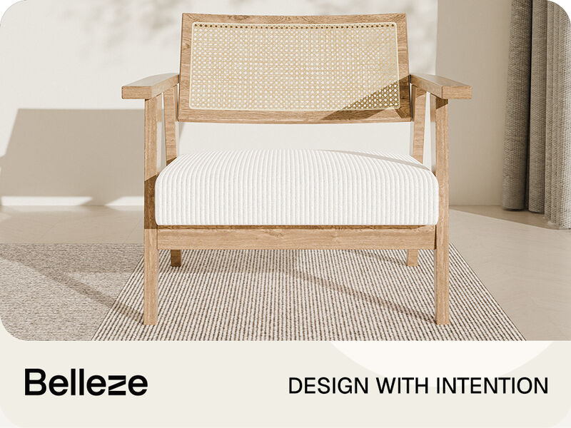 BELLEZE Mid-Century Modern Cane Back Accent Chair, Natural Wood Armchair with Upholstered Seat, Boho Lounge Chair for Living Room, Bedroom, or Office, Comfortable Padded Seat with Minimalist Design
