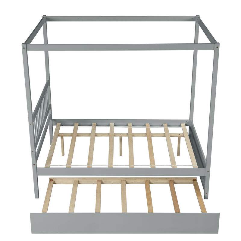 Whisen Full Size Canopy Bed with Twin Trundle, Kids Solid Wood Platform Bed Frame- Gray