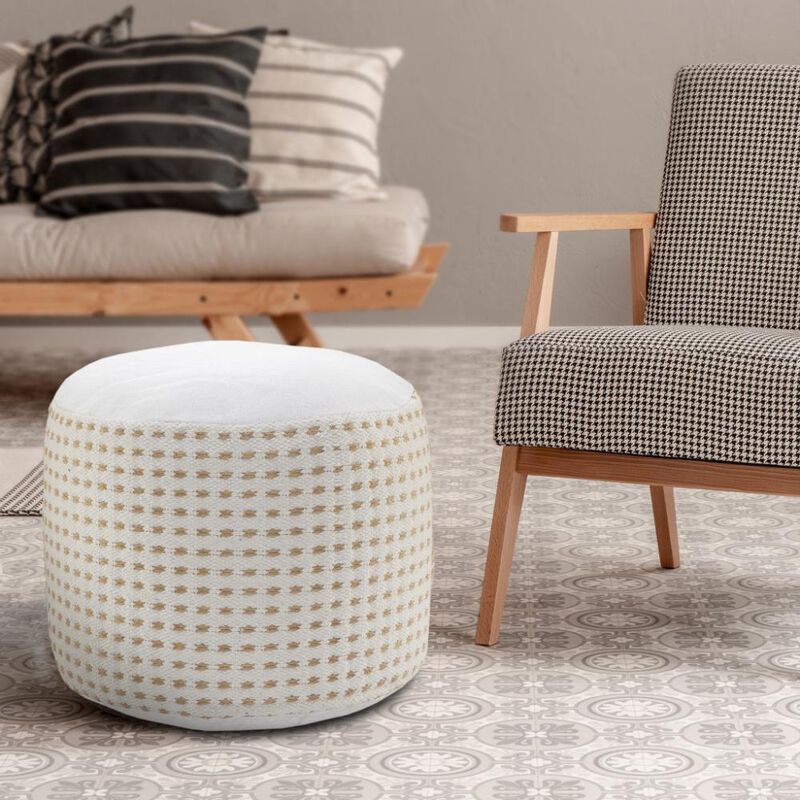 Hivvago 18 Inch White Jute Blend Round Geometric Pouf Ottoman