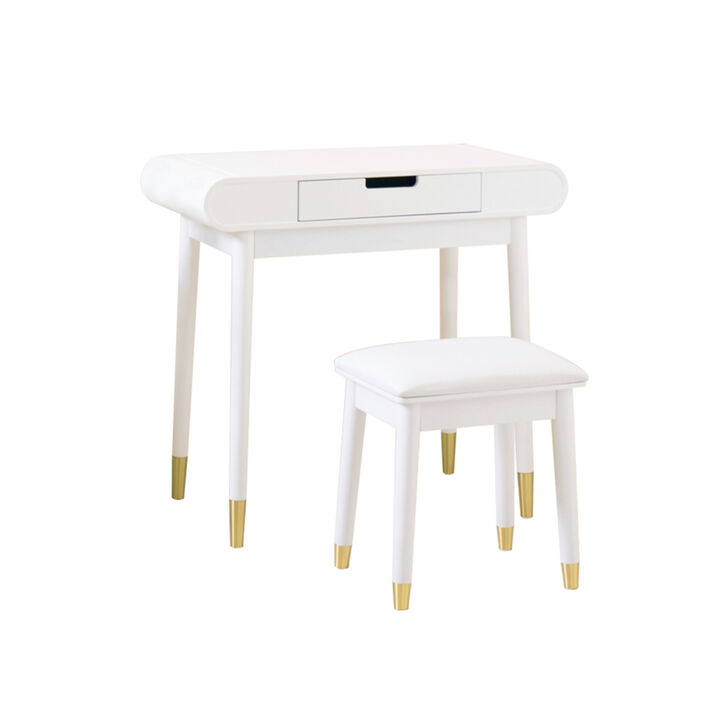 White oval makeup table set with mirror for bedroom, High Gloss Finish Dressing Table with Solid Stool