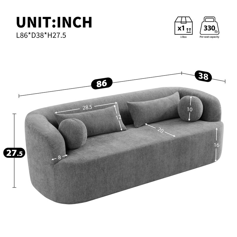 Whisen 86" Chenille Cloud Sofa,Boneless Curved 3-Seater,Compressed Delivery with Pillows, Modern Sofa for Living Room