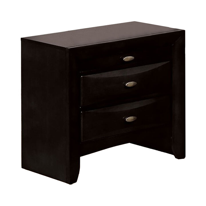 Simo Nightstand, Spacious Top, Metal Knobs, 3 Drawers, Black Solid Wood - Benzara
