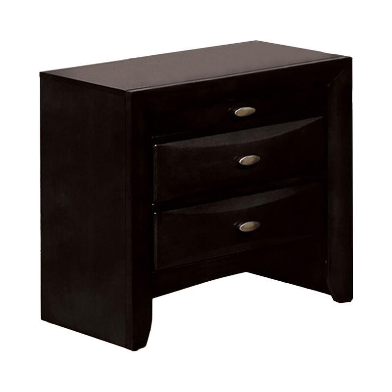 Simo Nightstand, Spacious Top, Metal Knobs, 3 Drawers, Black Solid Wood - Benzara
