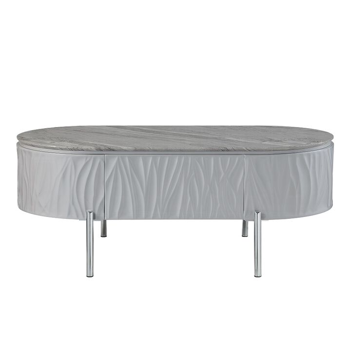 Doug Coffee Table, Gray High Gloss, Chrome Metal, Gray Wood, 47 Inch