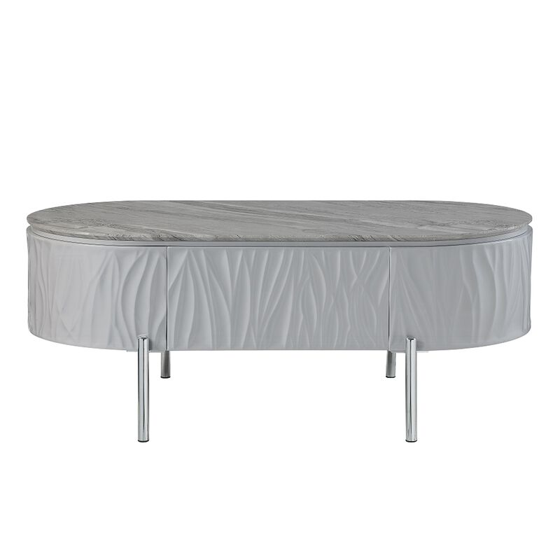Doug Coffee Table, Gray High Gloss, Chrome Metal, Gray Wood, 47 Inch