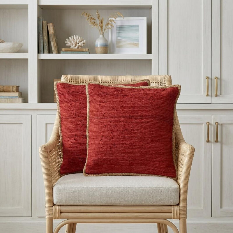 HomeRoots Set of Two 20" Red Cotton And Jute Throw Pillows with Texture image number 1