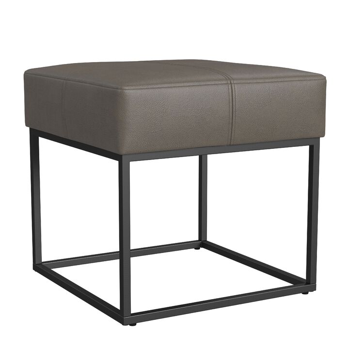 Kai Ottoman Footstool, Gray Faux Leather, Black Metal, 18 Inch Square