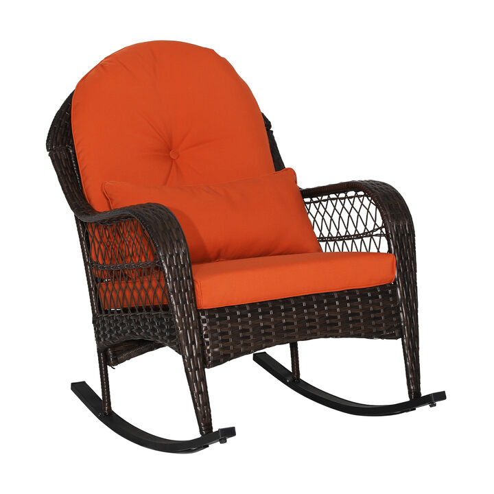Patio Rattan Rocking Chair with Seat Back Cushions and Waist Pillow