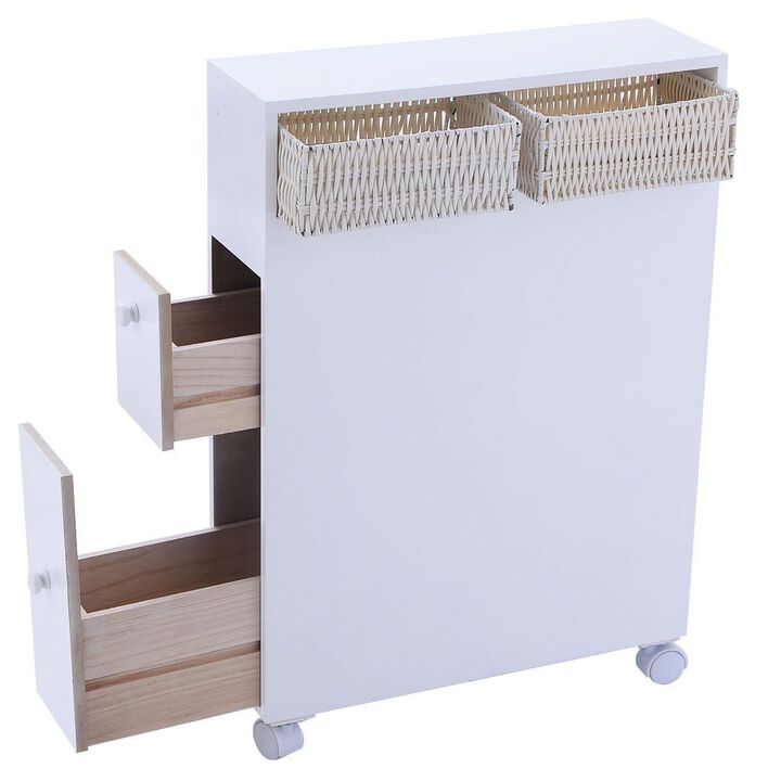 Hivvago White Bathroom Storage Floor Cabinet with Baskets and Casters