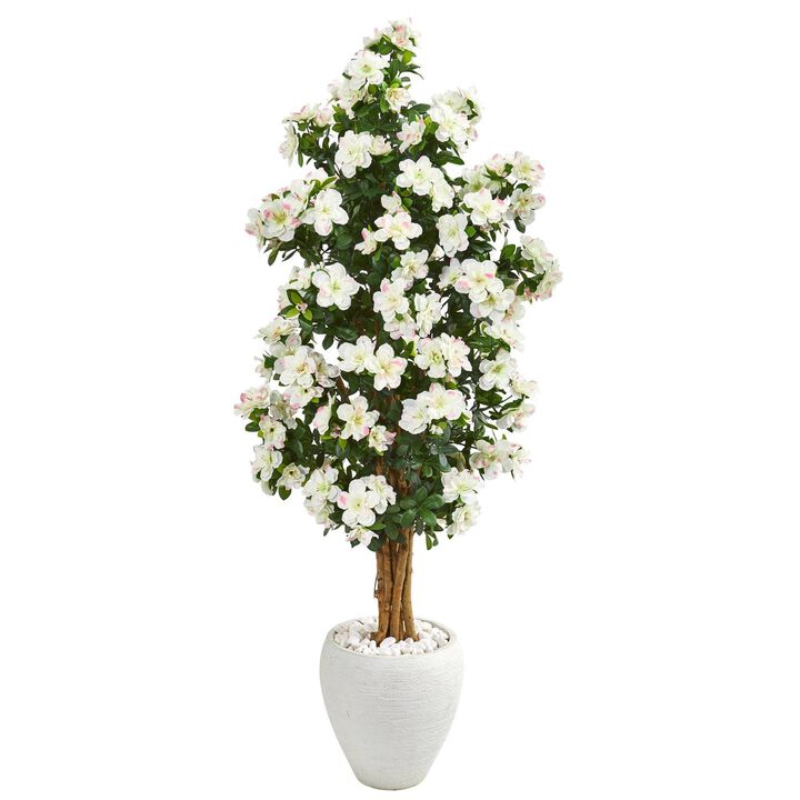 Nearly Natural 5-ft Azalea Artificial Tree in White Planter