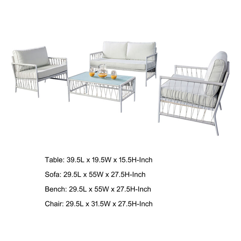 Hema 4 Piece Patio Set with 2 Chairs, Table, and Sofa, White Fabric, Metal - Benzara
