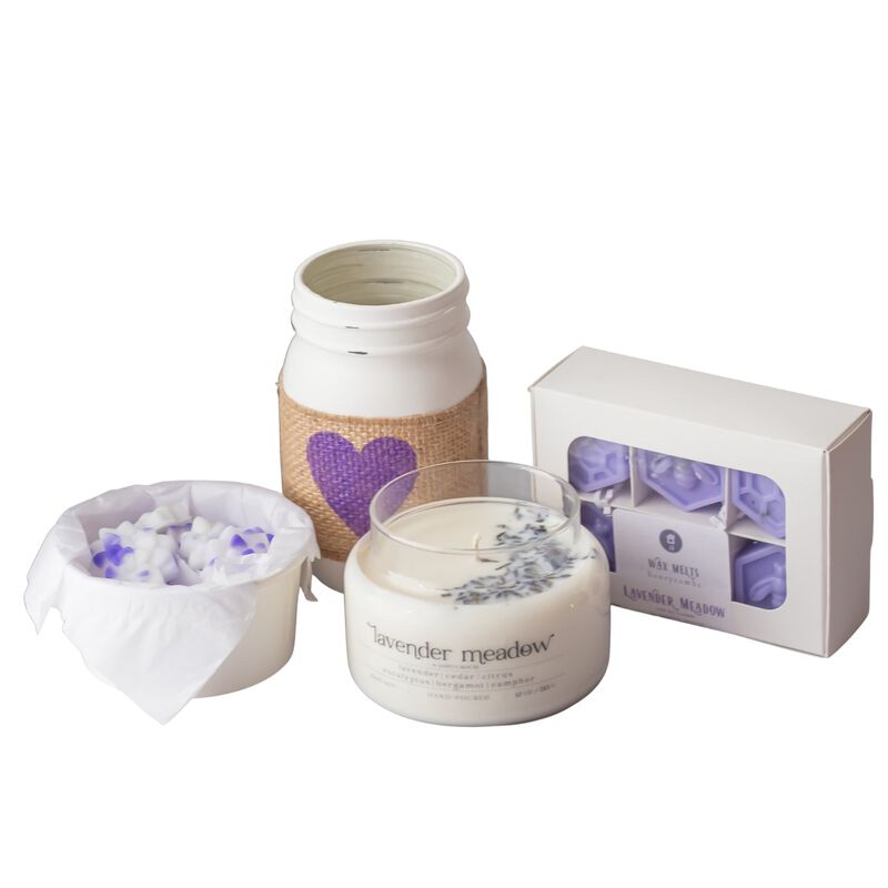 Lavender Meadows Relaxation Gift Set – Lavender Candle, Succulent Melts & Mason Jar Décor