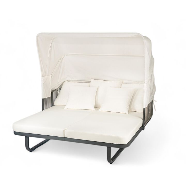 Mondawe 57 Inch Outdoor Rattan Daybed,With Retractable Canopy & UV-Resistant Cushions Patio Sunbed