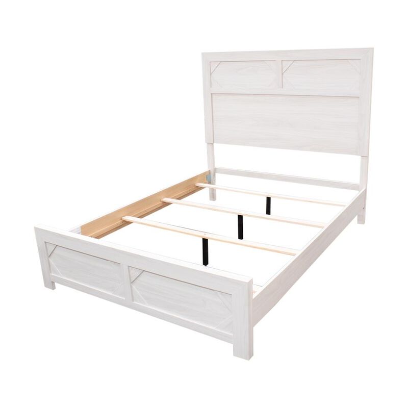Modern Queen Size Bed, High Headboard w Low Footboard, Whitewash Wood - Benzara