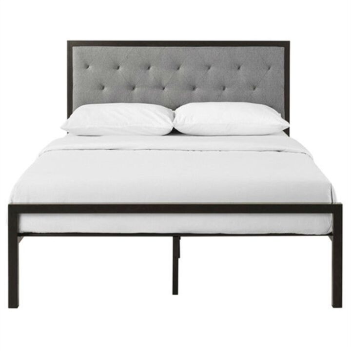 Hivvago Queen size Contemporary Metal Platform Bed with Grey Upholstered Headboard