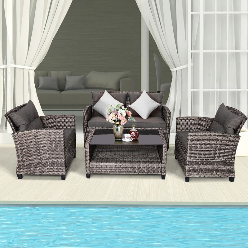 Mondawe 4 Pieces Patio Rattan Furniture Set with Coffee Table and Cushioned Sofa