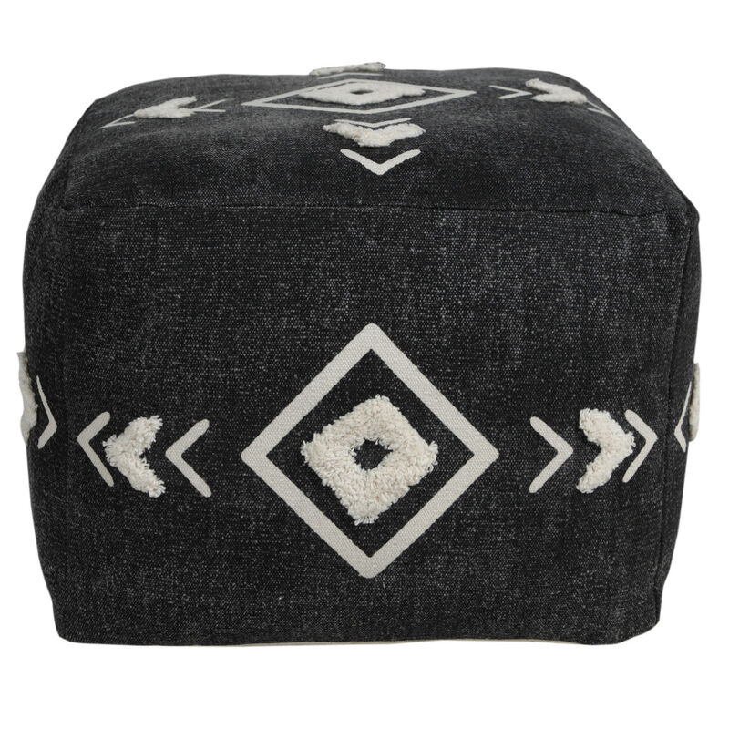 Hivvago 18 Inch Black Cotton Geometric Pouf Ottoman