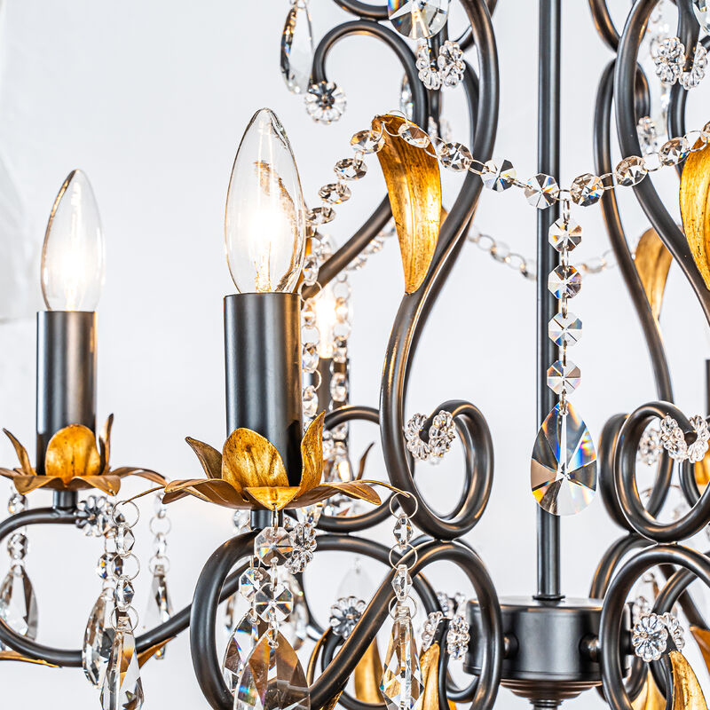 Mid-Century French Style 6-Light Crystal Chandelier in Matte Black and Antique Gold Finish For Versatile Interiors image number 3
