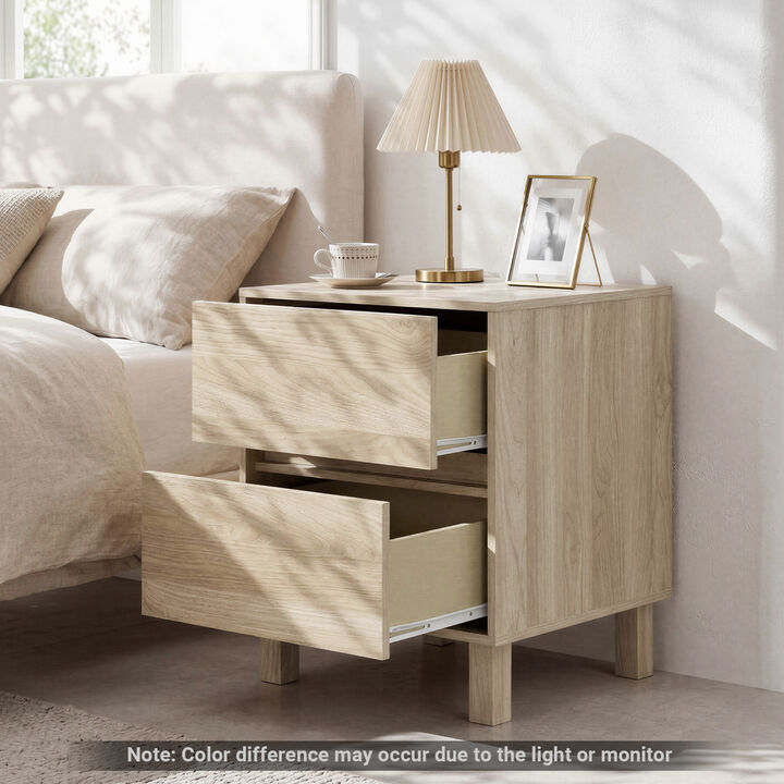Modern Wooden End Table with 2 Storage Drawers for Bedroom Living Room Use-Natural