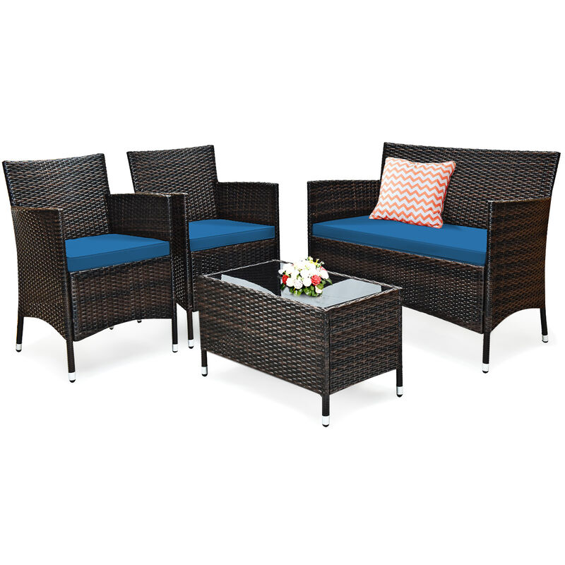 4 Pieces Comfortable Outdoor Rattan Sofa Set with Glass Coffee Table