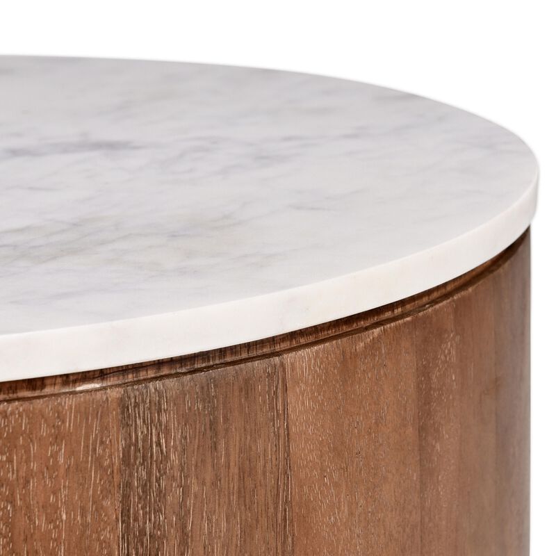 Yari Round Side End Table, White Marble Top, Brown Mango Wood 22 Inch