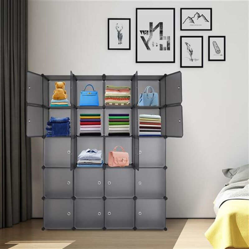 Multi-Functional 20-Cube Plastic Storage Shelves, Modular Closet Organizer with Hanging Rod & Doors