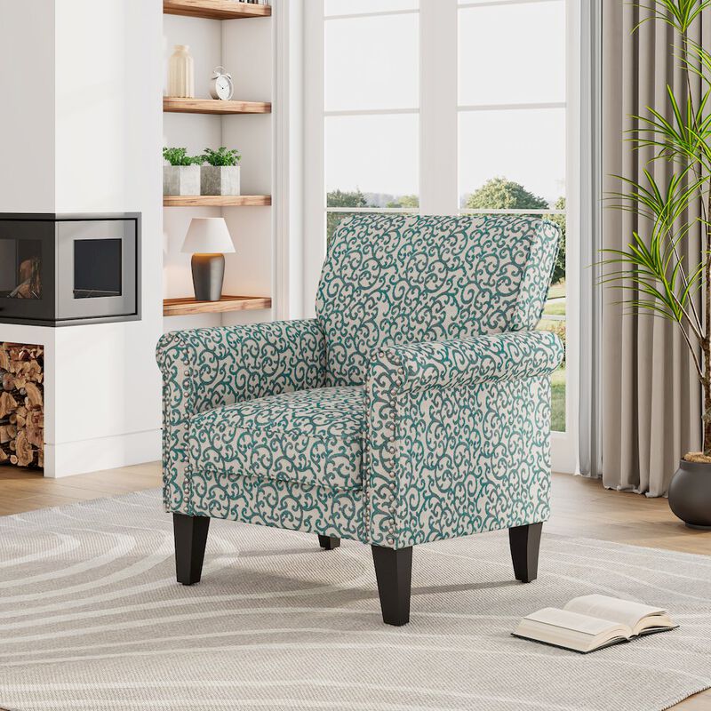 HL Home Furnishings Jean Rolled Armchairs with Nailheads in Blue Curly Vine