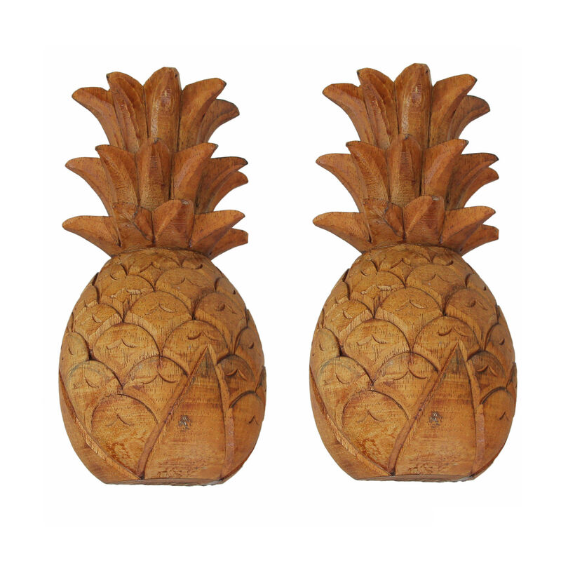 Set of 2 Hand Carved Wooden Pineapple Hanging Wall Art Sculptures Home Decor image number 0