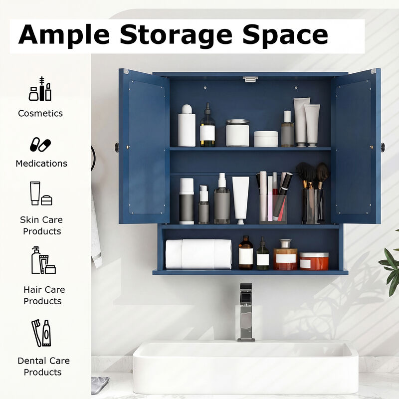 Wall-Mounted Bathroom Mirror Cabinet with Double Doors & Shelf image number 6