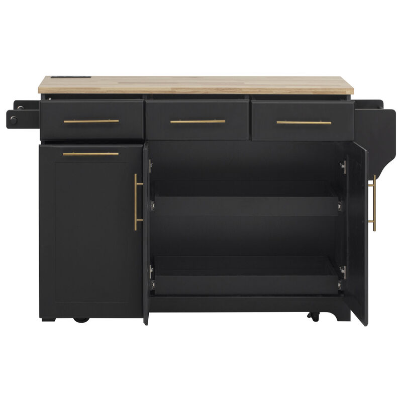 Merax Rolling Kitchen Island with Drop Leaf & Power Outlet - 2 Pull-Out Organizers, Trash Storage, Spice Rack & Towel Holder