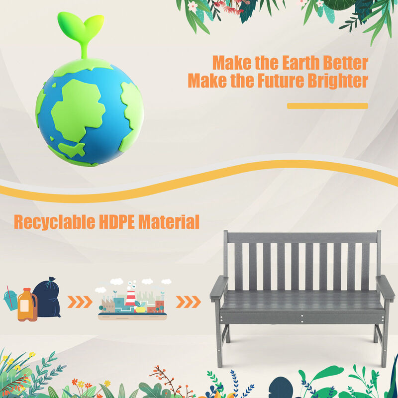 52 Inch All-Weather HDPE Outdoor Bench with Backrest and Armrests-Grey