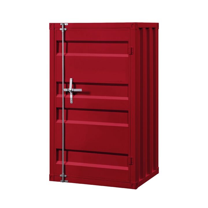 Industrial Style Metal Base Single Door Chest with Slated Pattern, Red-Benzara