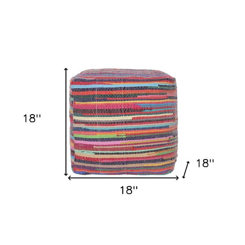 Hivvago 18 Inch Red And Black Cotton Cube Striped Pouf Ottoman