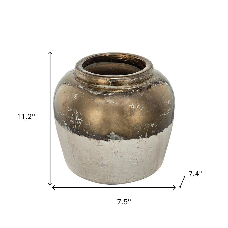 HomeRoots 11" Antiqued Bronze And Light Gray Color Block Ceramic Round Table Vase image number 6