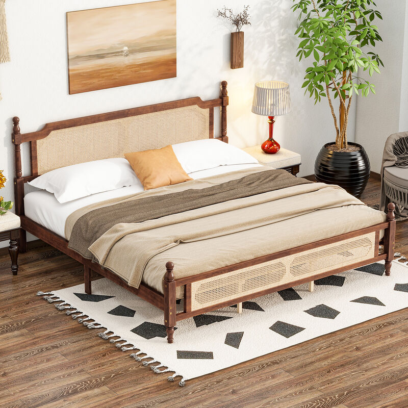 Whisen King Pine Wooden Bed with Rattan Headboard and Footboard, with Central Enhanced Bed Platform image number 1