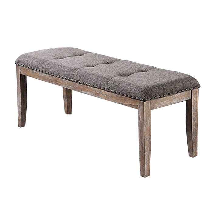 Rectangular Shaped Solid Wood and Fabric Upholstered Bench with Nail head Trims , Brown and Gray-Benzara